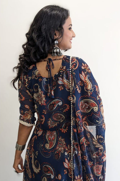Navy blue printed A-line kurta with dupatta