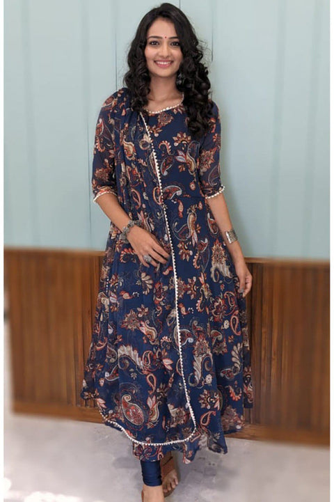 Navy blue printed A-line kurta with dupatta