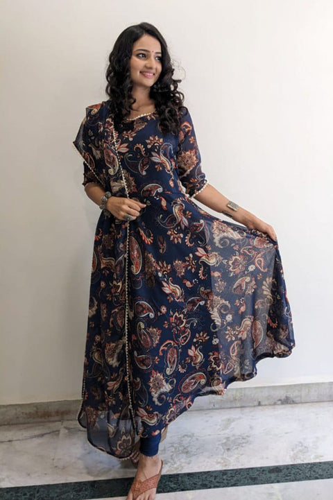 Navy blue printed A-line kurta with dupatta