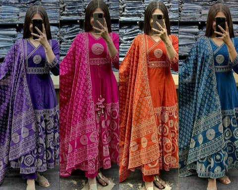Sequence Embroidery - printted work Anarkali kurti set