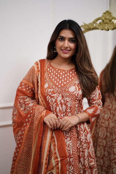 Sanganeri Print Anarkali Kurta Set with Adda Embroidery Work  Cotton Ethnic Wear