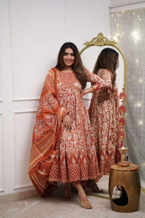 Sanganeri Print Anarkali Kurta Set with Adda Embroidery Work  Cotton Ethnic Wear