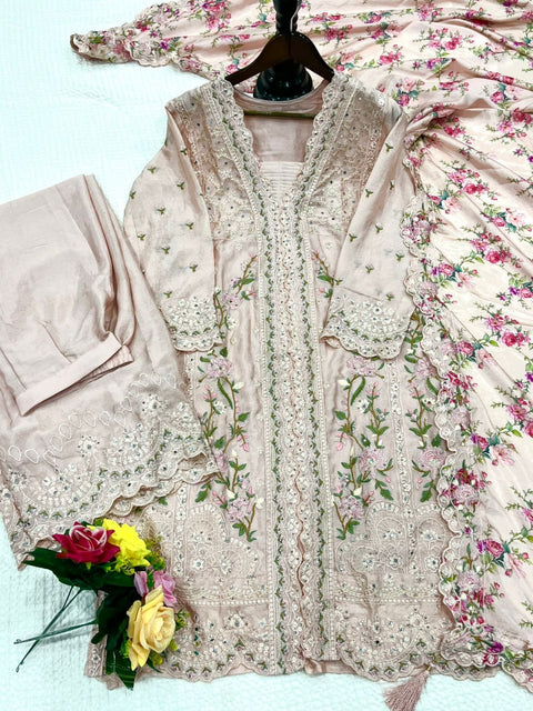 Festival Wear Chinon Silk Suit with Mirror & Diamond Work