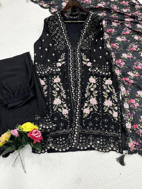Festival Wear Chinon Silk Suit with Mirror & Diamond Work