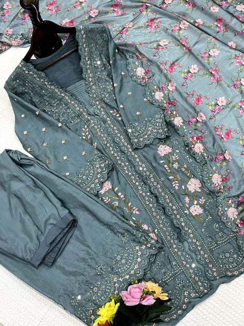 Festival Wear Chinon Silk Suit with Mirror & Diamond Work