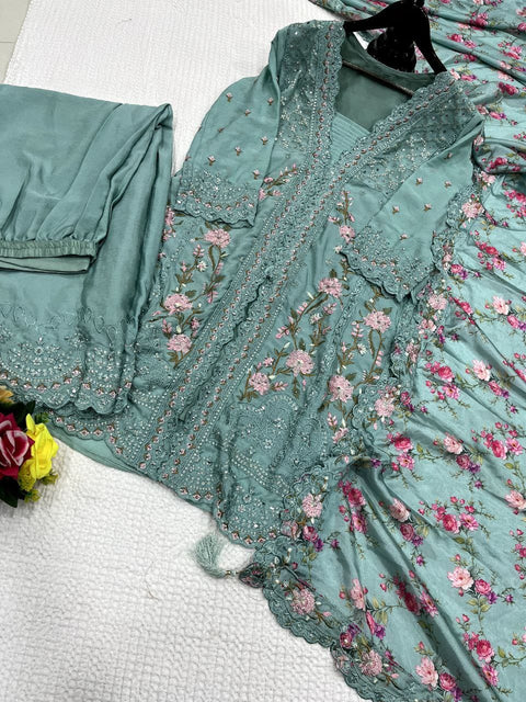 Festival Wear Chinon Silk Suit with Mirror & Diamond Work