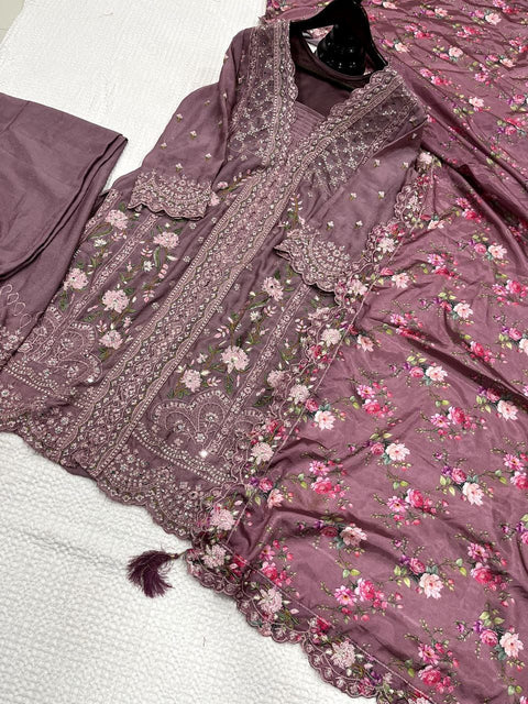 Festival Wear Chinon Silk Suit with Mirror & Diamond Work