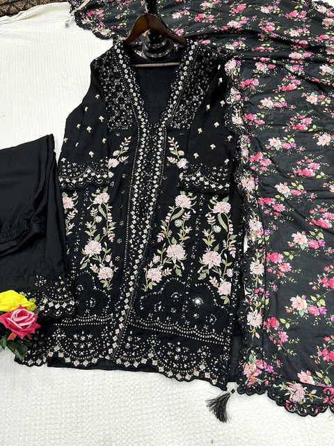 Festival Wear Chinon Silk Suit with Mirror & Diamond Work