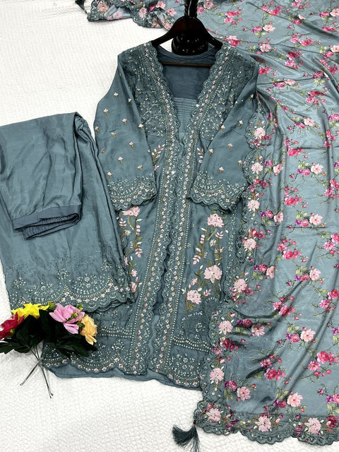 Festival Wear Chinon Silk Suit with Mirror & Diamond Work