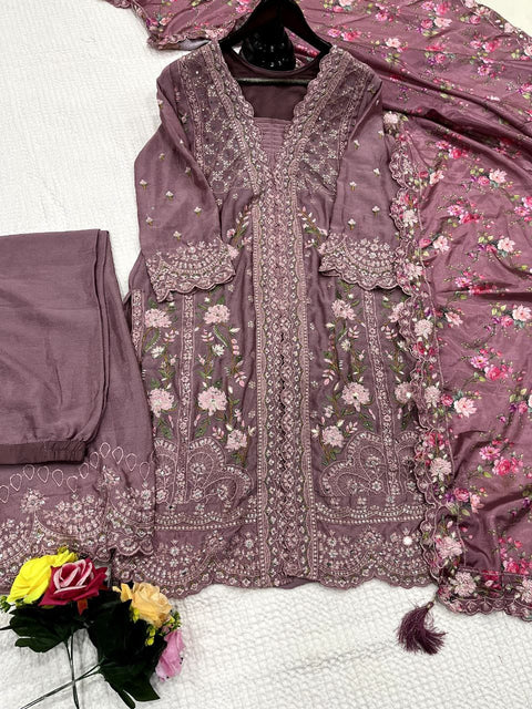 Festival Wear Chinon Silk Suit with Mirror & Diamond Work