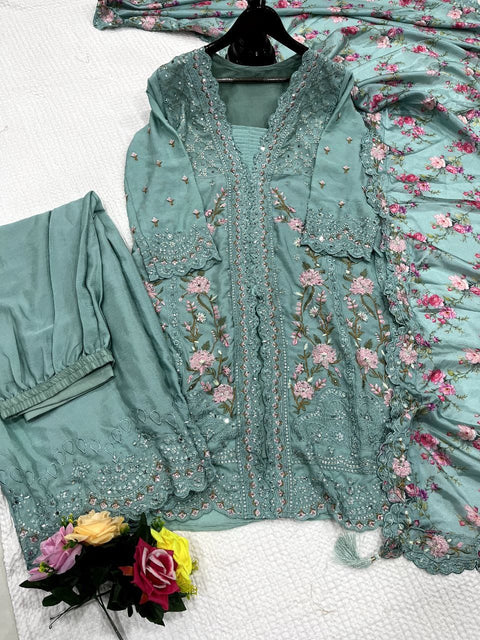 Festival Wear Chinon Silk Suit with Mirror & Diamond Work