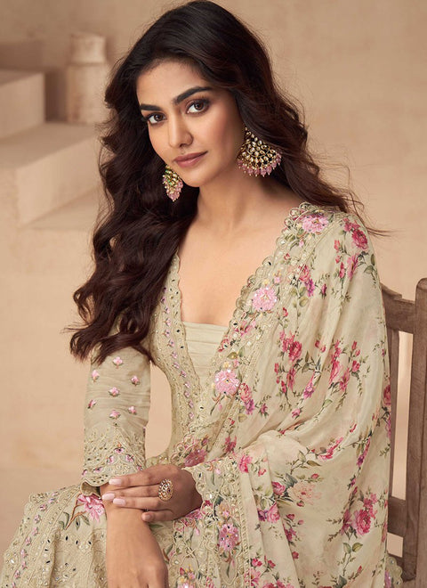 Festival Wear Chinon Silk Suit with Mirror & Diamond Work