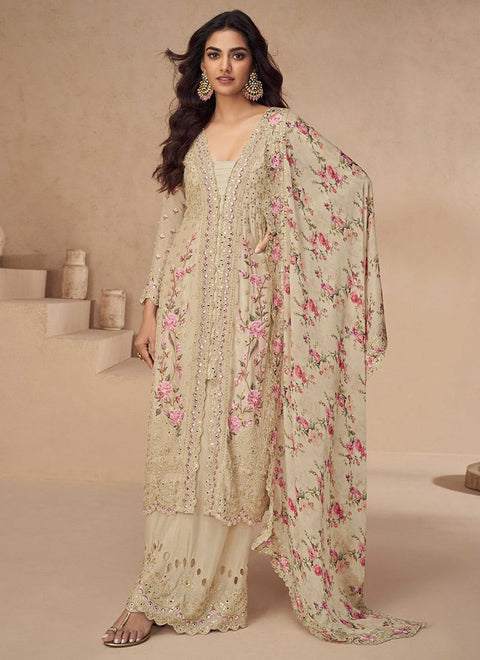 Festival Wear Chinon Silk Suit with Mirror & Diamond Work