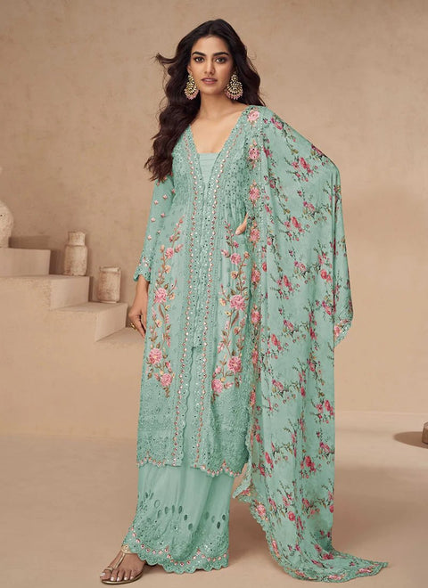 Festival Wear Chinon Silk Suit with Mirror & Diamond Work
