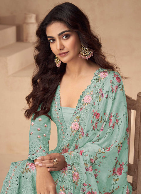 Festival Wear Chinon Silk Suit with Mirror & Diamond Work