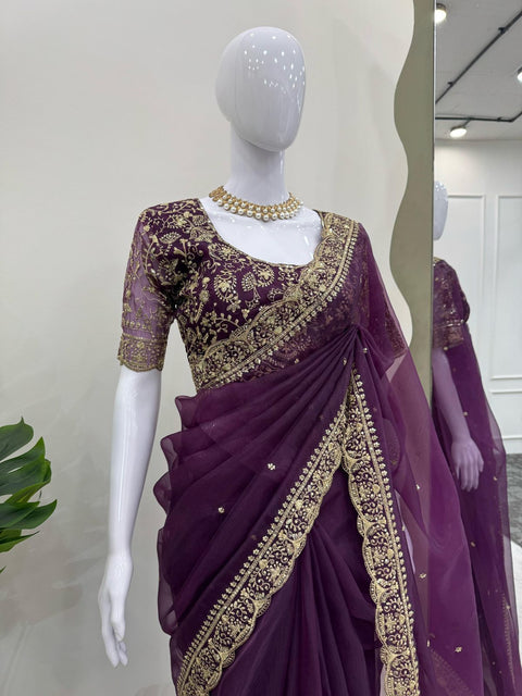 Designer Tissue Organza Silk Saree with Embroidery Work | Party Wear Saree Collection