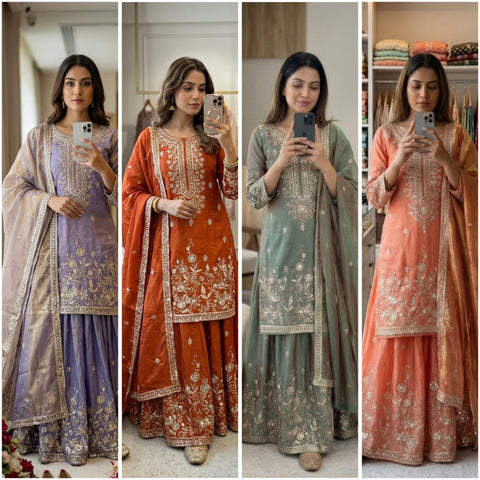 Designer Silk Sharara Suit Set with Embroidery Work