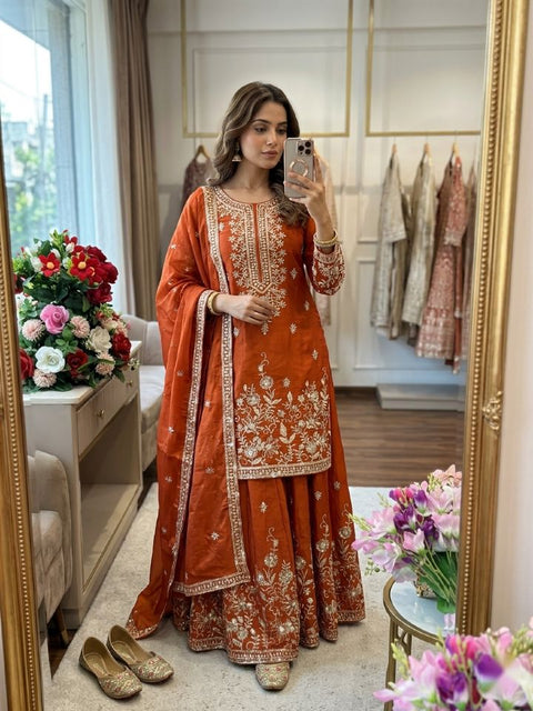 Designer Silk Sharara Suit Set with Embroidery Work