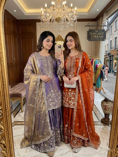 Designer Silk Sharara Suit Set with Embroidery Work