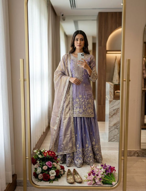 Designer Silk Sharara Suit Set with Embroidery Work