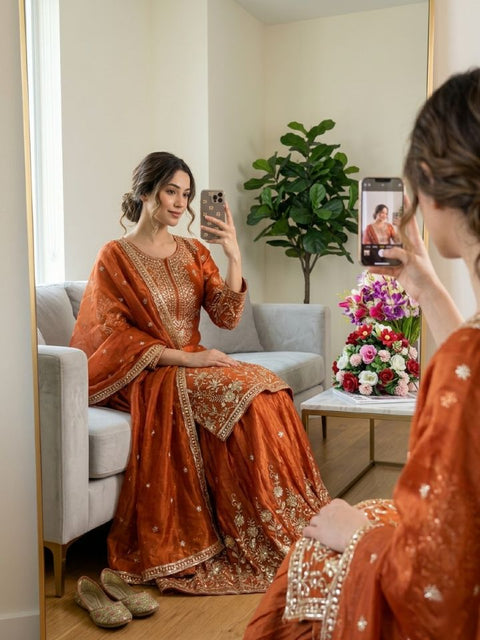 Designer Silk Sharara Suit Set with Embroidery Work