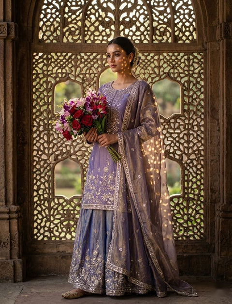 Designer Silk Sharara Suit Set with Embroidery Work