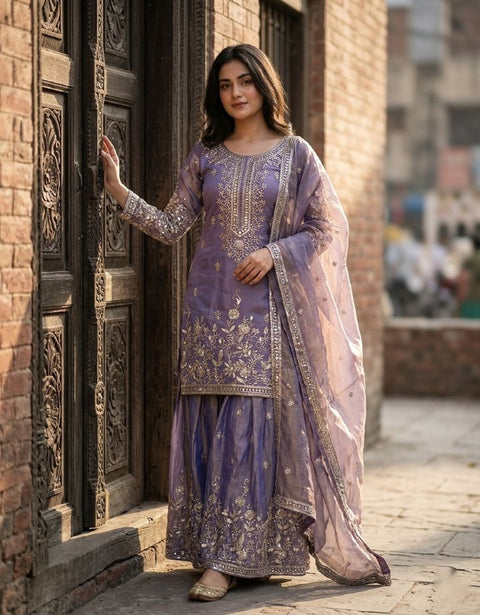 Designer Silk Sharara Suit Set with Embroidery Work