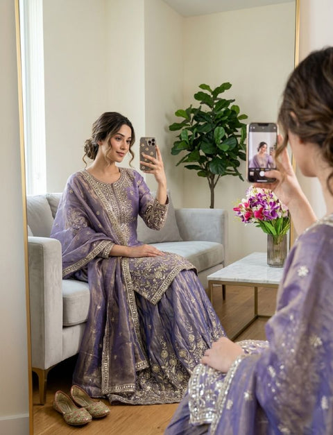 Designer Silk Sharara Suit Set with Embroidery Work