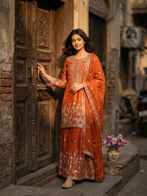 Designer Silk Sharara Suit Set with Embroidery Work