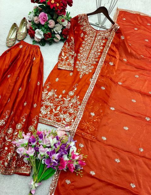 Designer Silk Sharara Suit Set with Embroidery Work