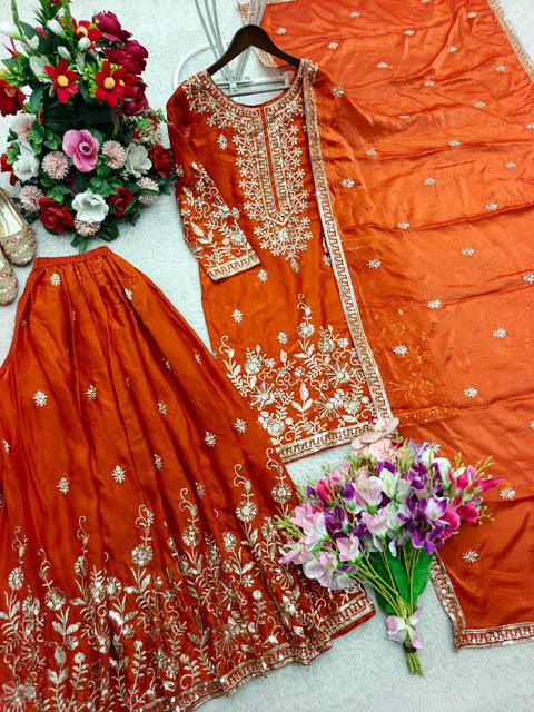 Designer Silk Sharara Suit Set with Embroidery Work
