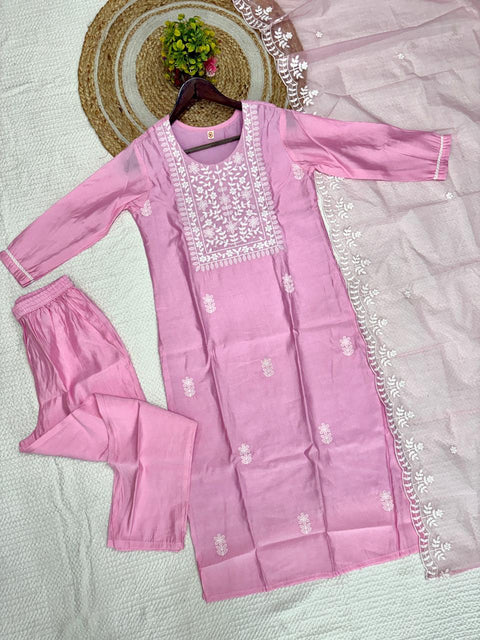Women’s Embroidered Silk Blend Suit Set with Chanderi Dupatta