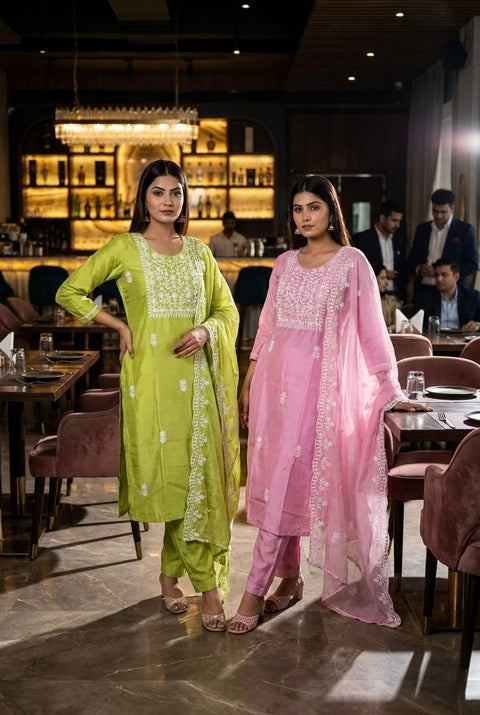 Women’s Embroidered Silk Blend Suit Set with Chanderi Dupatta