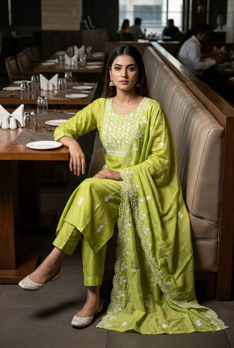 Women’s Embroidered Silk Blend Suit Set with Chanderi Dupatta