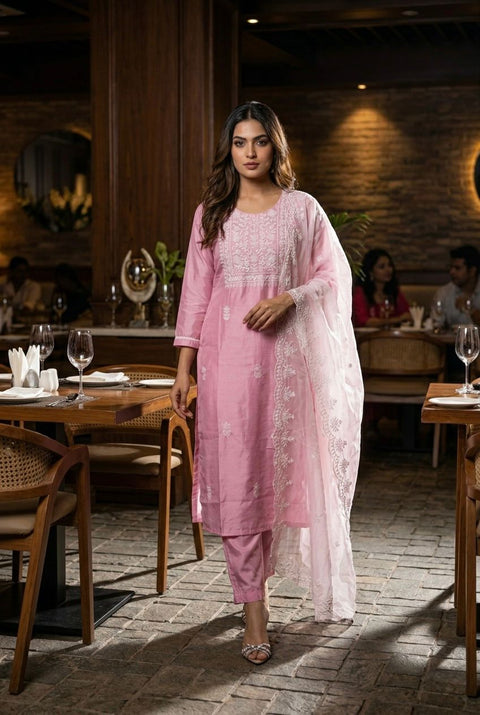 Women’s Embroidered Silk Blend Suit Set with Chanderi Dupatta