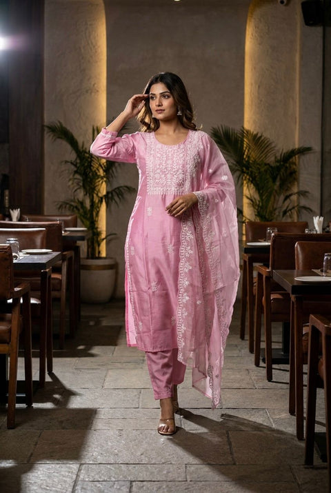 Women’s Embroidered Silk Blend Suit Set with Chanderi Dupatta