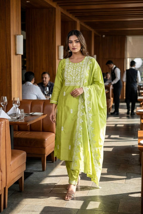 Women’s Embroidered Silk Blend Suit Set with Chanderi Dupatta