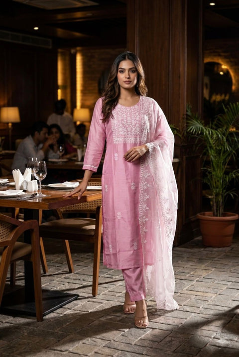 Women’s Embroidered Silk Blend Suit Set with Chanderi Dupatta