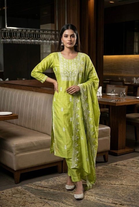 Women’s Embroidered Silk Blend Suit Set with Chanderi Dupatta