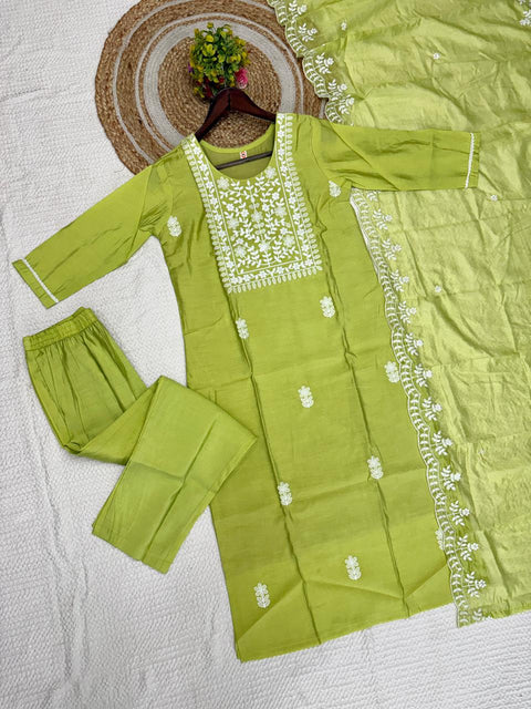 Women’s Embroidered Silk Blend Suit Set with Chanderi Dupatta