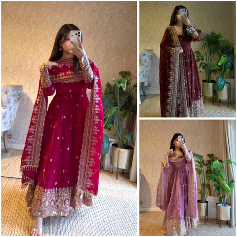 "Elegant Embroidery Work With Designer Anarkali Three Piece Set"*