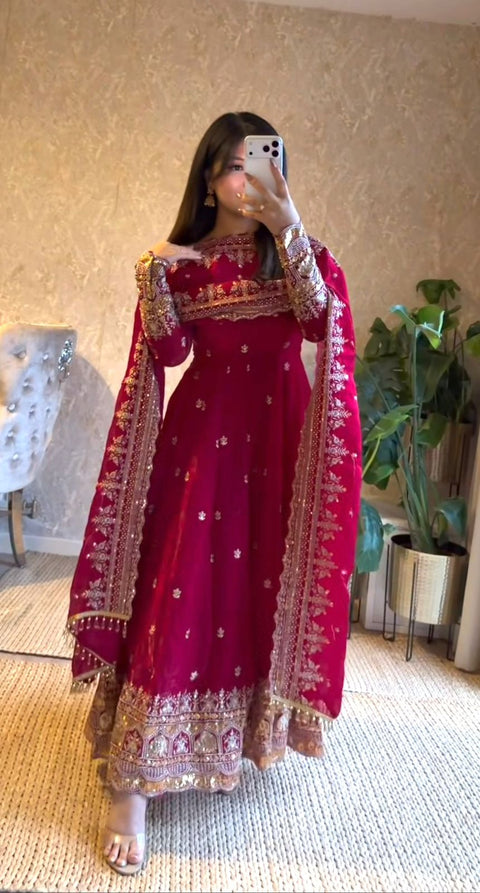 "Elegant Embroidery Work With Designer Anarkali Three Piece Set"*