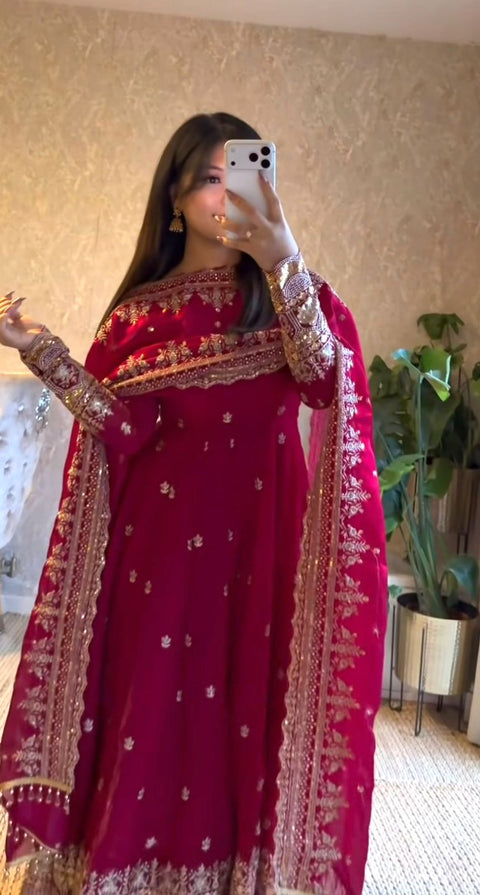 "Elegant Embroidery Work With Designer Anarkali Three Piece Set"*