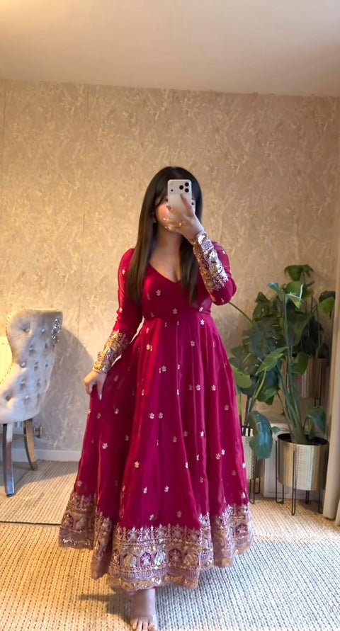 "Elegant Embroidery Work With Designer Anarkali Three Piece Set"*