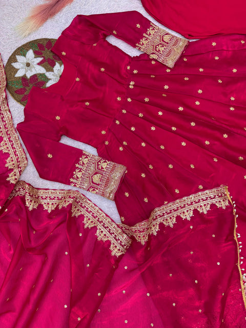 "Elegant Embroidery Work With Designer Anarkali Three Piece Set"*