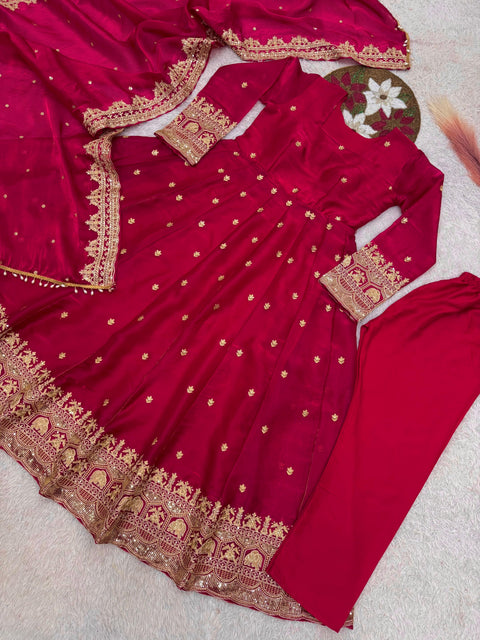 "Elegant Embroidery Work With Designer Anarkali Three Piece Set"*