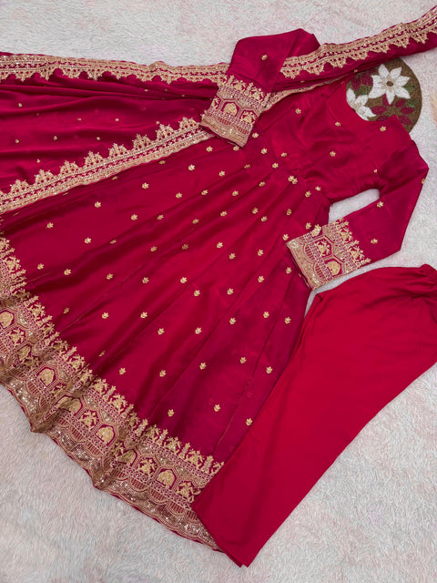 "Elegant Embroidery Work With Designer Anarkali Three Piece Set"*