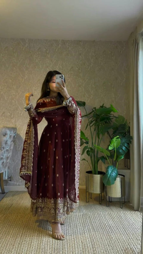 "Elegant Embroidery Work With Designer Anarkali Three Piece Set"*