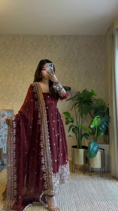 "Elegant Embroidery Work With Designer Anarkali Three Piece Set"*