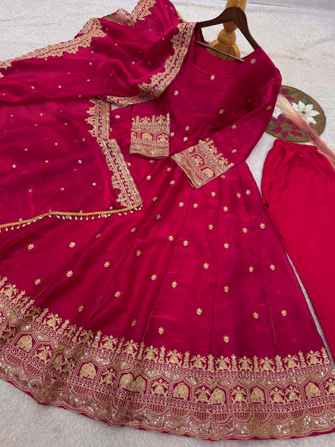 "Elegant Embroidery Work With Designer Anarkali Three Piece Set"*